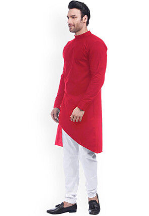 Solid Color Cotton Asymmetric Kurta in Red