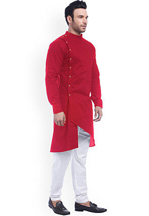 Solid Color Cotton Asymmetric Kurta in Red