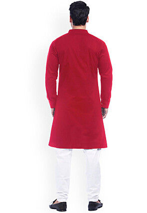 Solid Color Cotton Asymmetric Kurta in Red