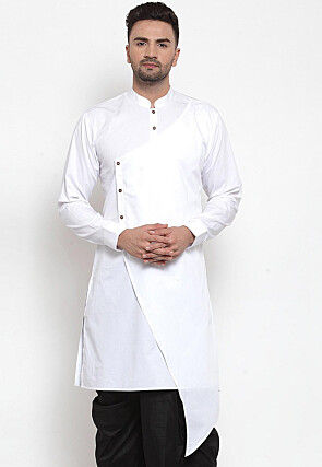 Solid Color Cotton Asymmetric Kurta in White