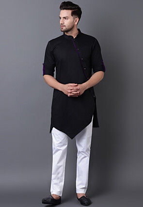 Solid Color Cotton Asymmetric Kurta Set in Black