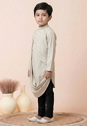 Solid Color Cotton Asymmetric Kurta Set in Cream