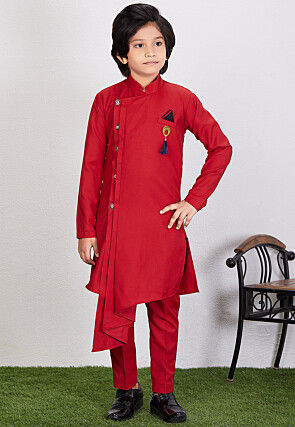 Solid Color Cotton Asymmetric Kurta Set in Red