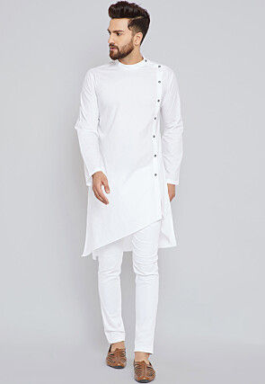 Solid Color Cotton Asymmetric Kurta Set in White
