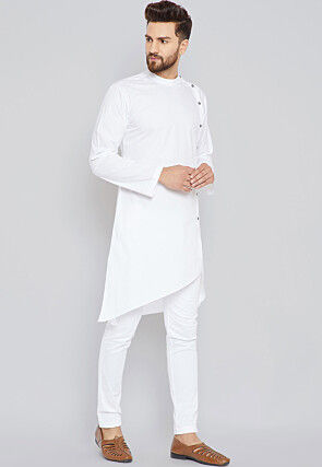 Solid Color Cotton Asymmetric Kurta Set in White