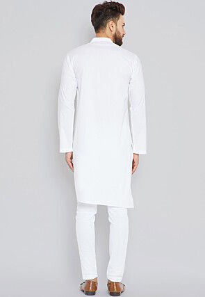 Solid Color Cotton Asymmetric Kurta Set in White