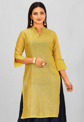 Solid Color Cotton Chanderi Straight Kurta in Mustard