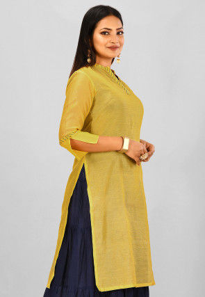 Solid Color Cotton Chanderi Straight Kurta in Mustard
