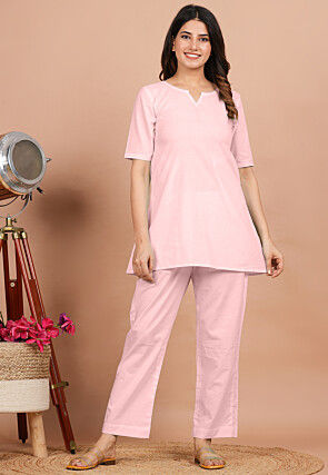 Solid Color Cotton Co Ord Set in Baby Pink