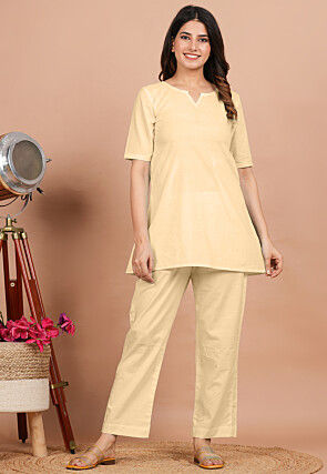 Solid Color Cotton Co Ord Set in Beige