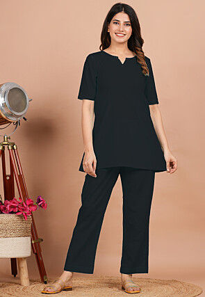 Solid Color Cotton Co Ord Set in Black