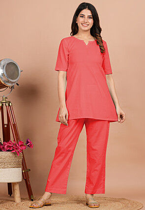 Solid Color Cotton Co Ord Set in Coral Red