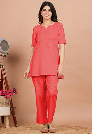 Solid Color Cotton Co Ord Set in Coral Red