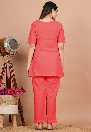 Solid Color Cotton Co Ord Set in Coral Red