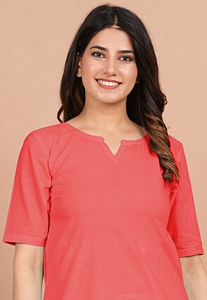 Solid Color Cotton Co Ord Set in Coral Red