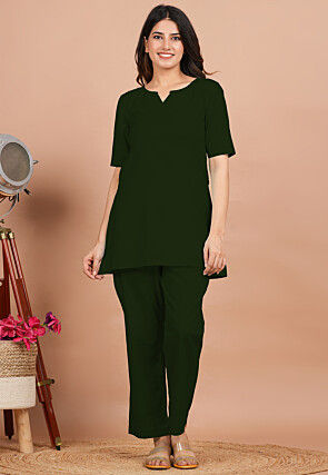 Solid Color Cotton Co Ord Set in Dark Green