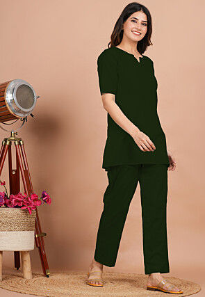 Solid Color Cotton Co Ord Set in Dark Green