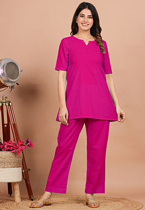 Solid Color Cotton Co Ord Set in Fuchsia