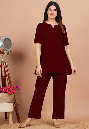 Solid Color Cotton Co Ord Set in Maroon