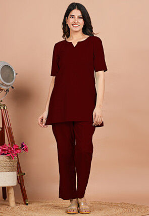 Solid Color Cotton Co Ord Set in Maroon