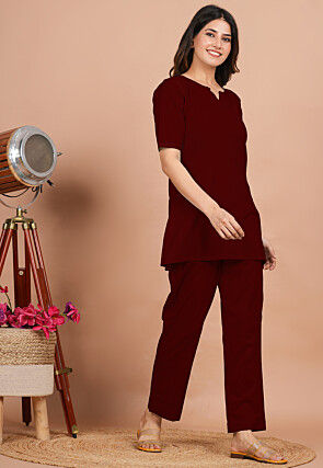 Solid Color Cotton Co Ord Set in Maroon