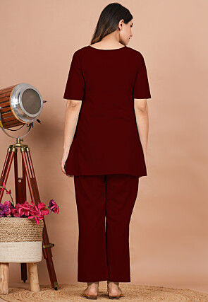 Solid Color Cotton Co Ord Set in Maroon