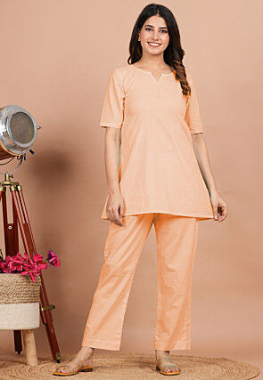 Solid Color Cotton Co Ord Set in Peach
