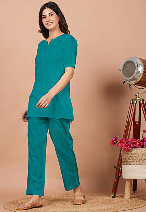 Solid Color Cotton Co Ord Set in Teal Green