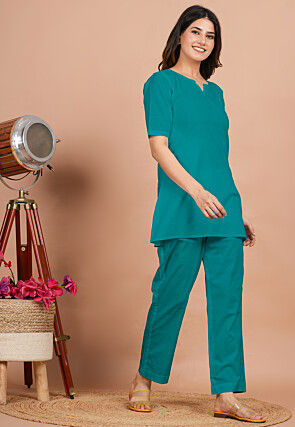 Solid Color Cotton Co Ord Set in Teal Green