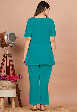 Solid Color Cotton Co Ord Set in Teal Green