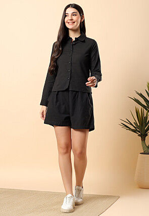 Solid Color Cotton Co Ord Set in Black