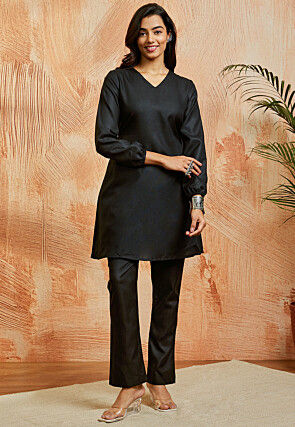 Solid Color Cotton Co Ord Set in Black