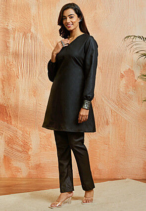 Solid Color Cotton Co Ord Set in Black