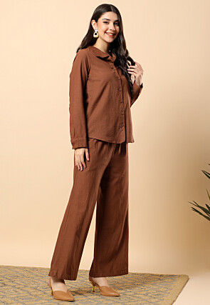Solid Color Cotton Co Ord Set in Brown