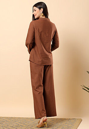 Solid Color Cotton Co Ord Set in Brown