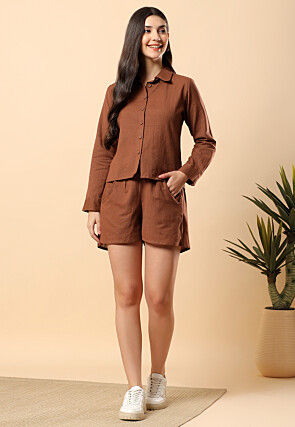 Solid Color Cotton Co Ord Set in Brown