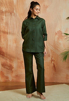 Solid Color Cotton Co Ord Set in Dark Olive Green