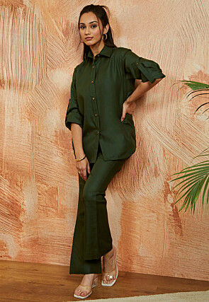 Solid Color Cotton Co Ord Set in Dark Olive Green