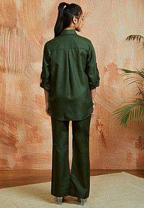 Solid Color Cotton Co Ord Set in Dark Olive Green