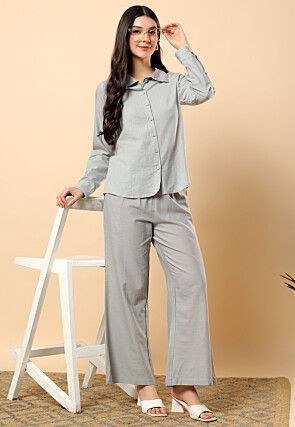Solid Color Cotton Co Ord Set in Grey