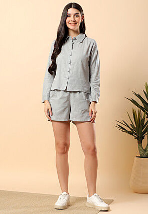 Solid Color Cotton Co Ord Set in Grey