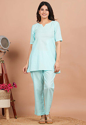 Solid Color Cotton Co Ord Set in Light Blue