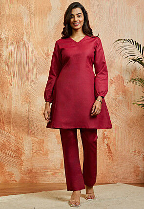 Solid Color Cotton Co Ord Set in Maroon