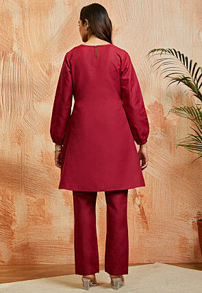 Solid Color Cotton Co Ord Set in Maroon