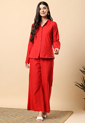Solid Color Cotton Co Ord Set in Red