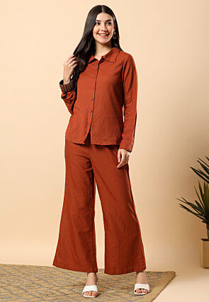 Solid Color Cotton Co Ord Set in Rust
