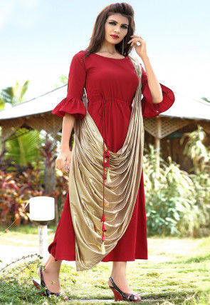 Solid Color Cotton Cowl Style Dress in Red and Golden