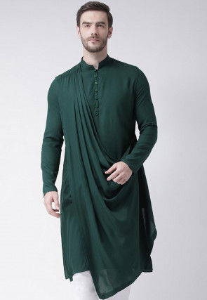 Solid Color Cotton Cowl Style Kurta in Dark Green