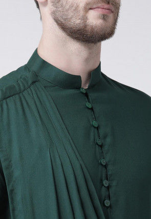 Solid Color Cotton Cowl Style Kurta in Dark Green