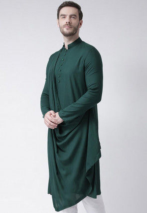 Solid Color Cotton Cowl Style Kurta in Dark Green